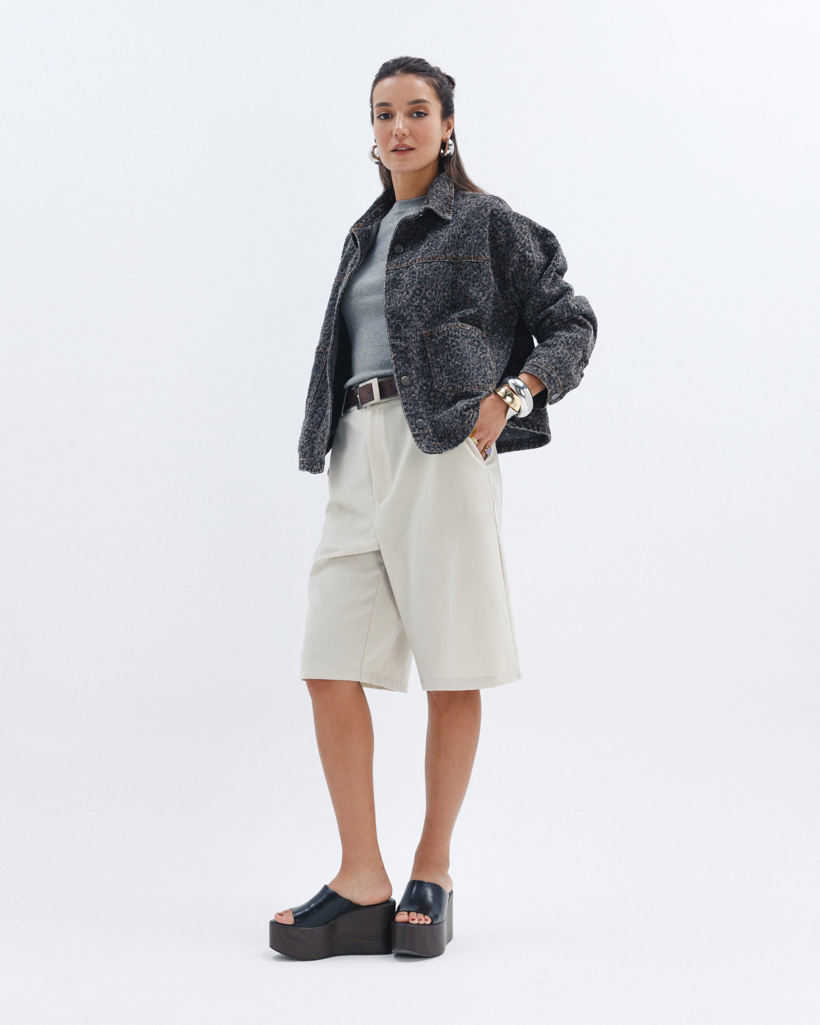 Women's cheetah denim jacket on model, Chocka Egypt