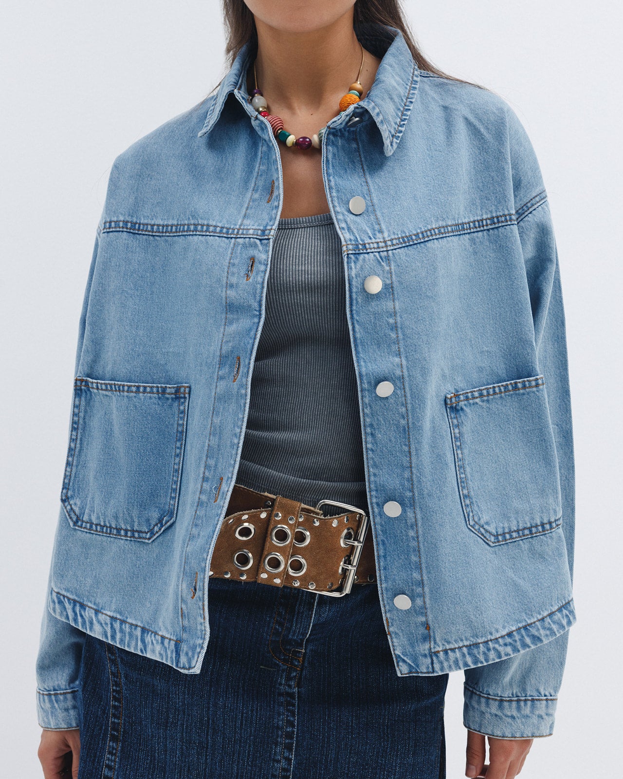 Women's blue denim jacket on model, Chocka Egypt