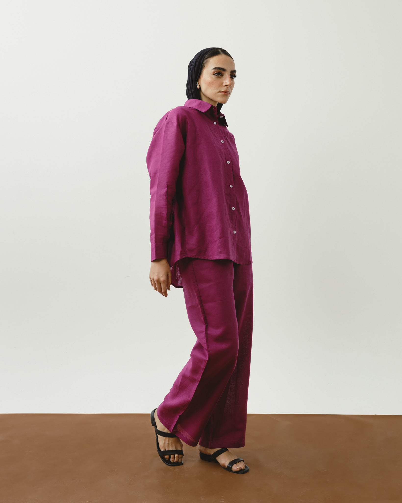 Women's burgundy linen pants on model, Chocka Egypt