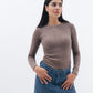 Model wearing women's mocha ribbed long sleeve top from Chocka Egypt
