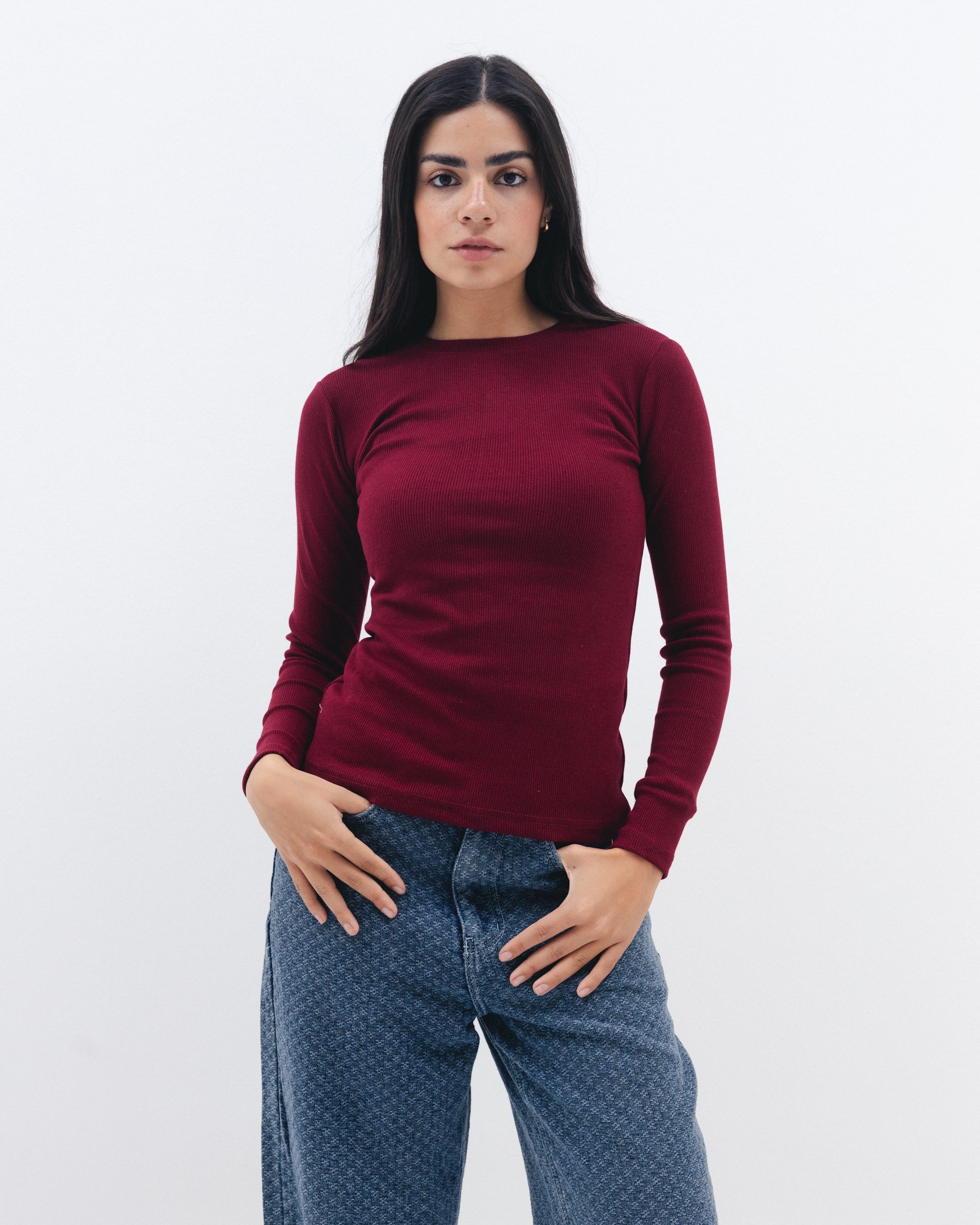 Women's ruby ribbed long sleeve top on model, Chocka Egypt