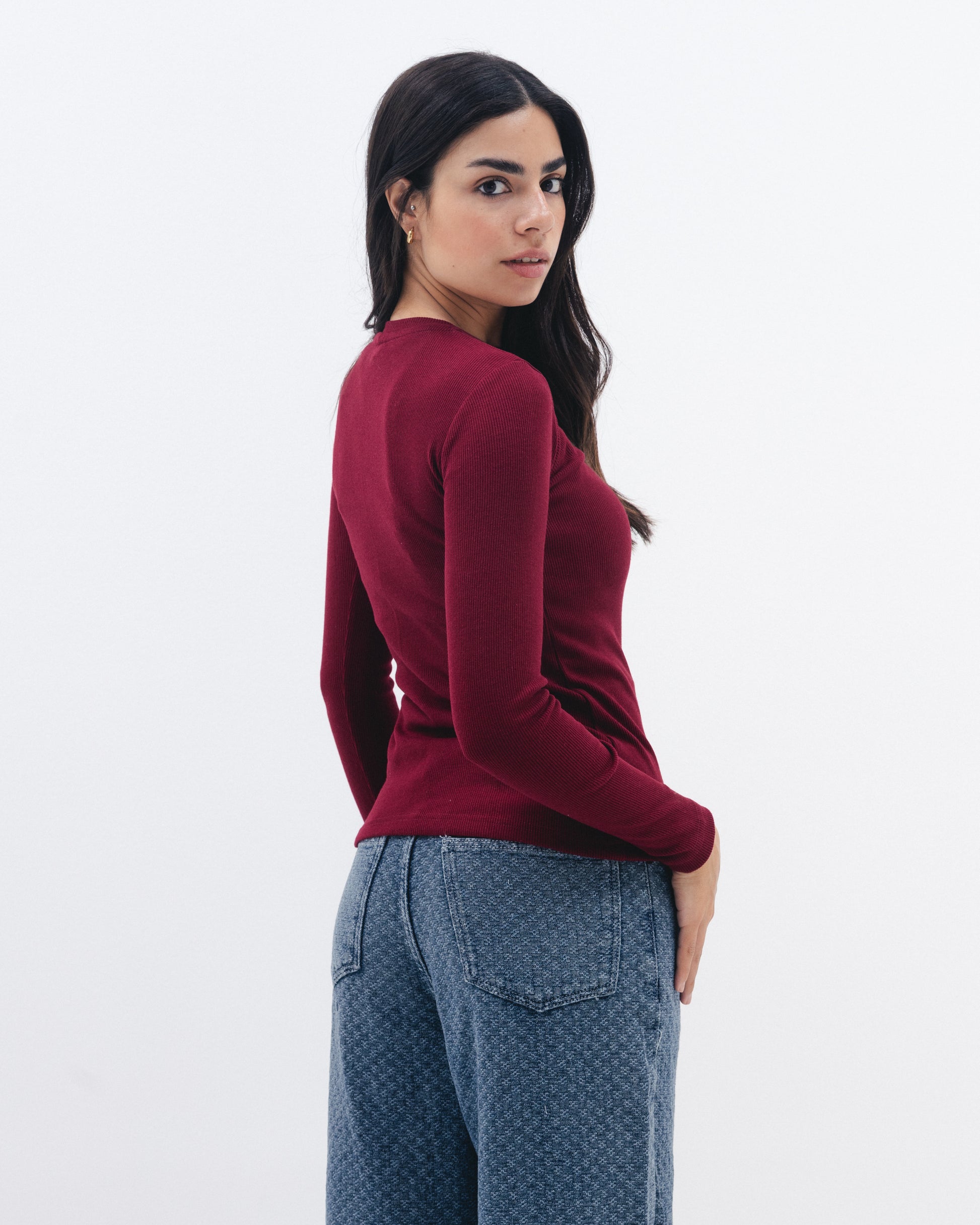 Chocka women's ruby ribbed long sleeve top styled outfit