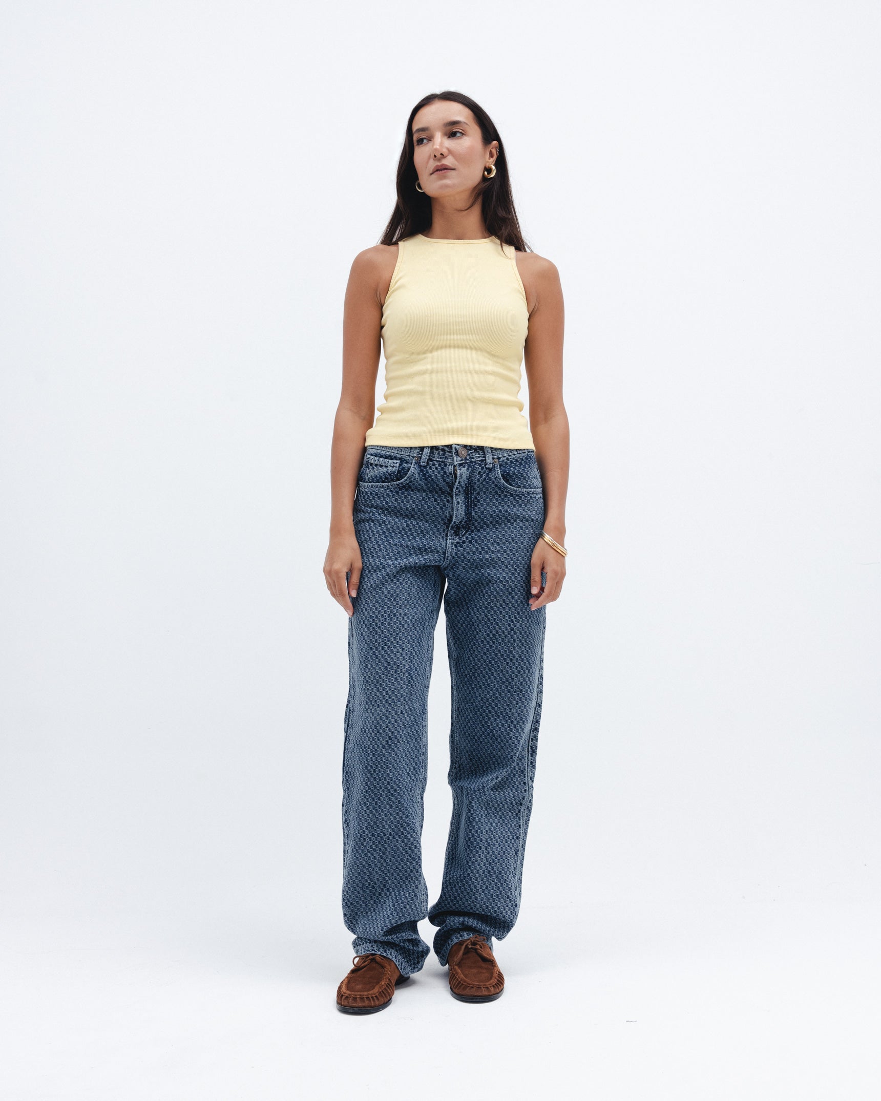 Women's butter yellow ribbed crewneck top on model, Chocka Egypt