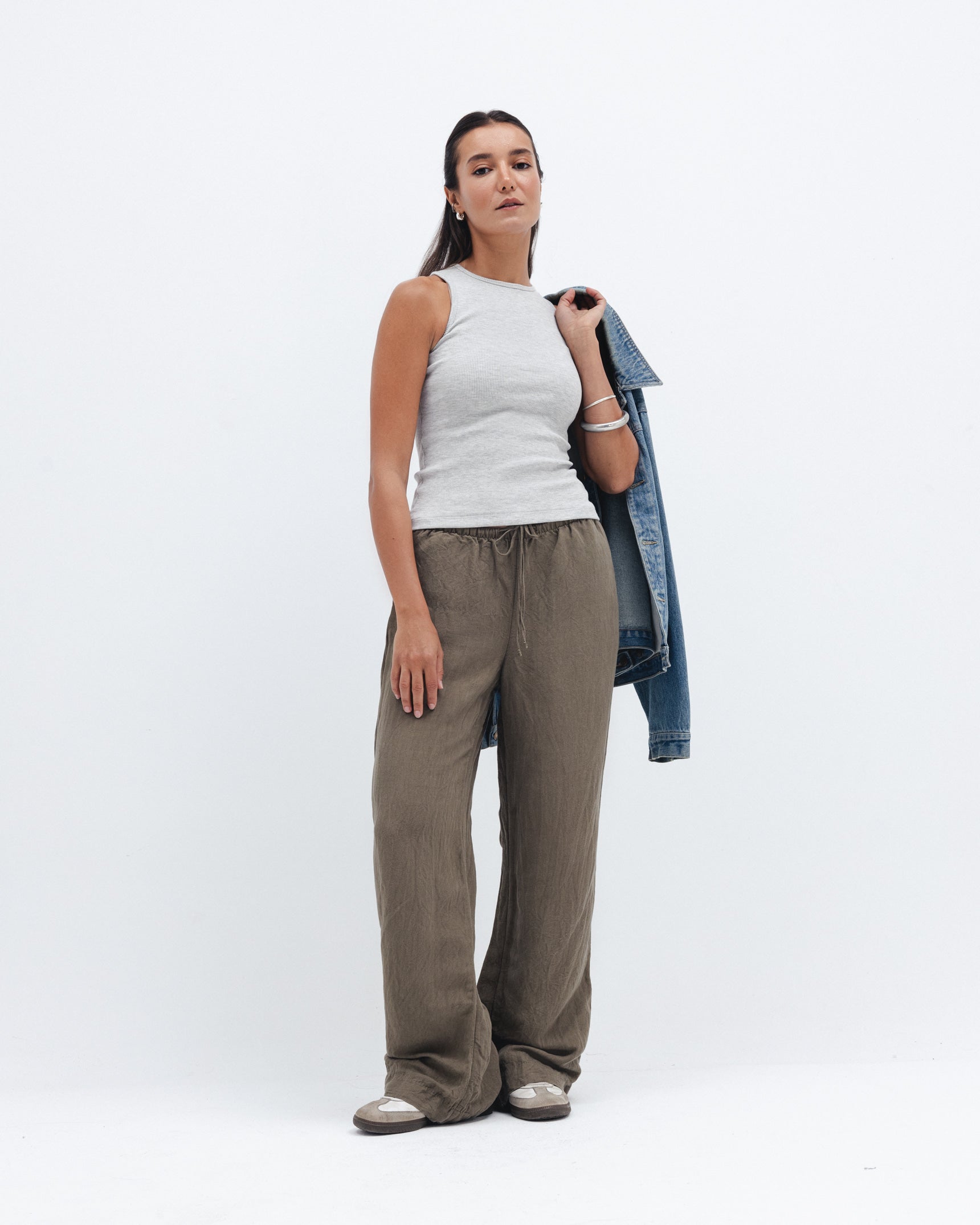 Women's cloud grey ribbed crewneck top on model, Chocka Egypt