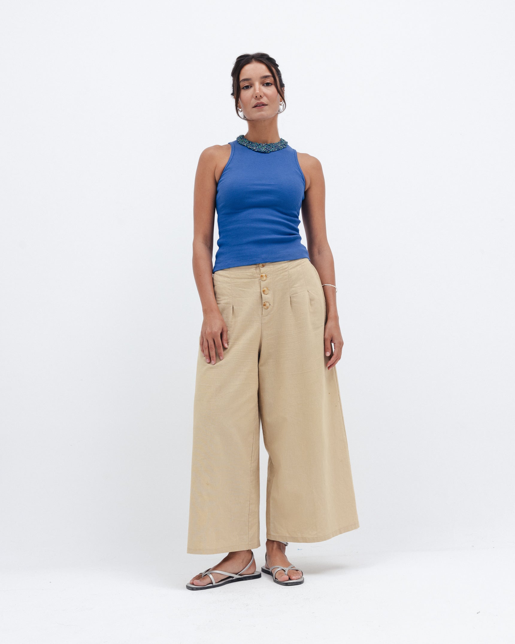 Women's royal blue ribbed crewneck top on model, Chocka Egypt