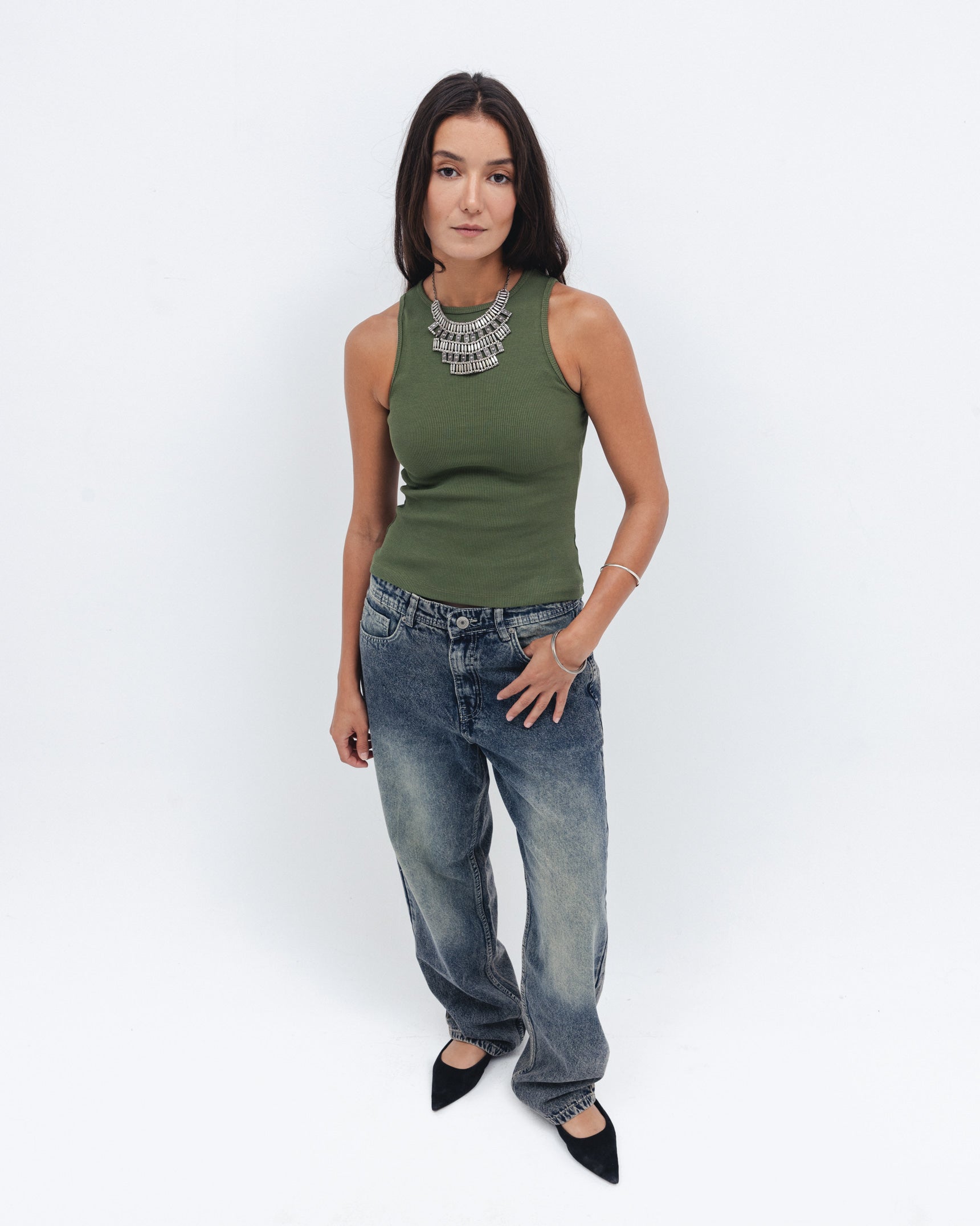 Women's olive ribbed crewneck top - Chocka Egypt