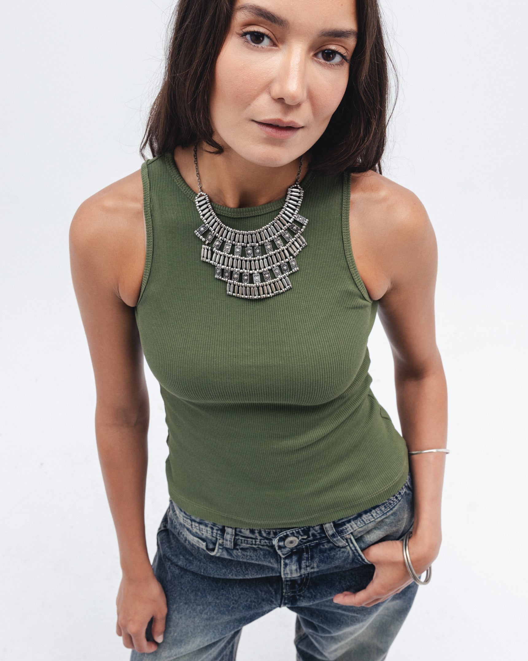 Chocka women's olive ribbed crewneck top styled outfit