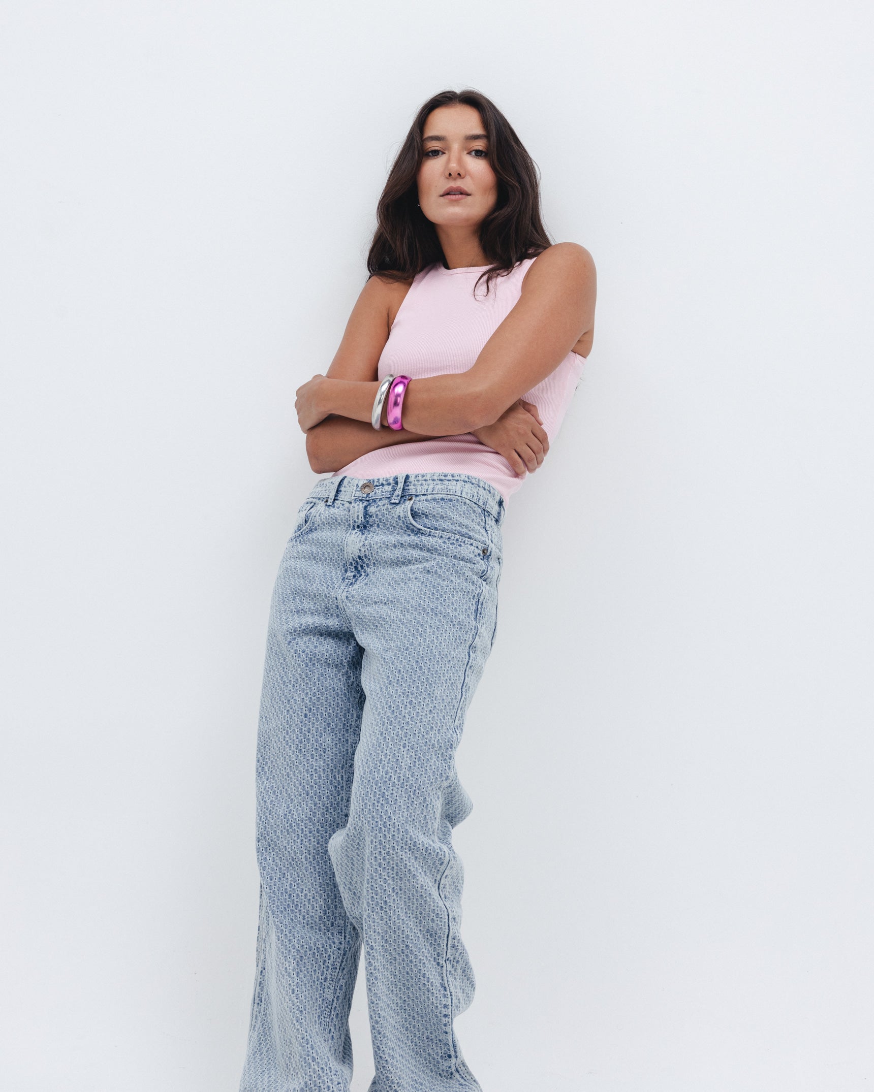 Women's baby pink ribbed crewneck top on model, Chocka Egypt
