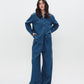 Model wearing women's blue linen pants from Chocka Egypt