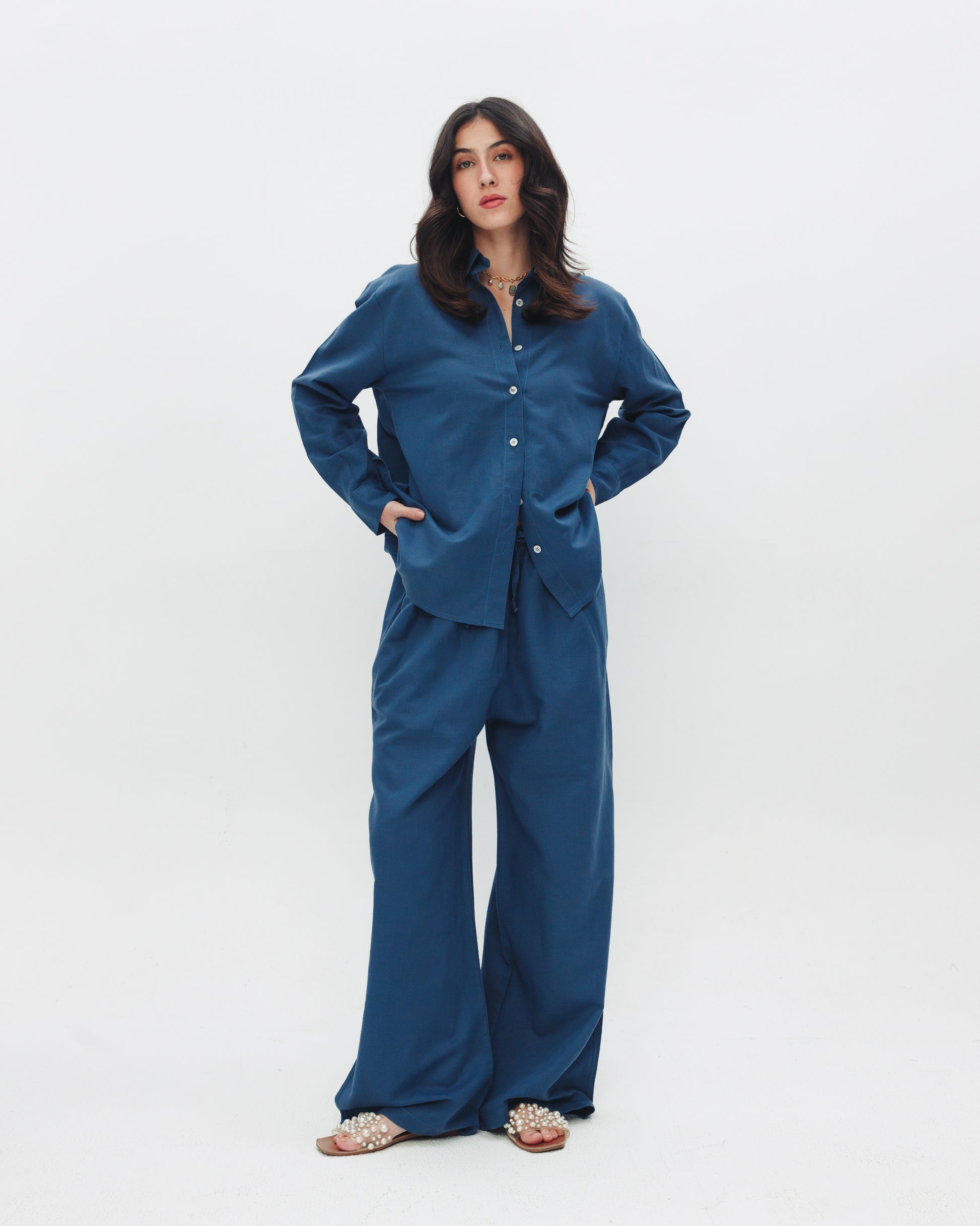 Model wearing women's blue linen pants from Chocka Egypt