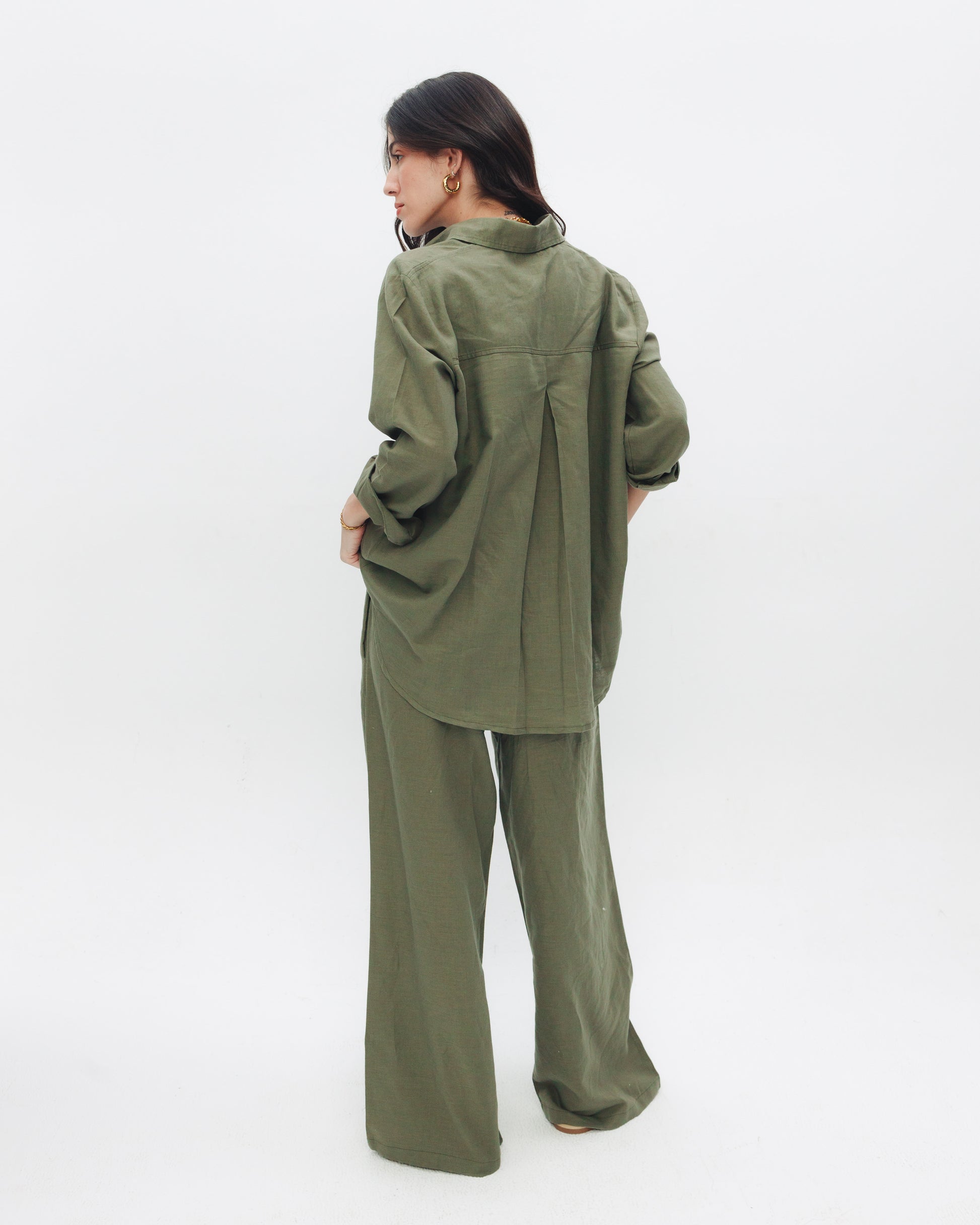 Women's olive linen shirt on model, Chocka Egypt