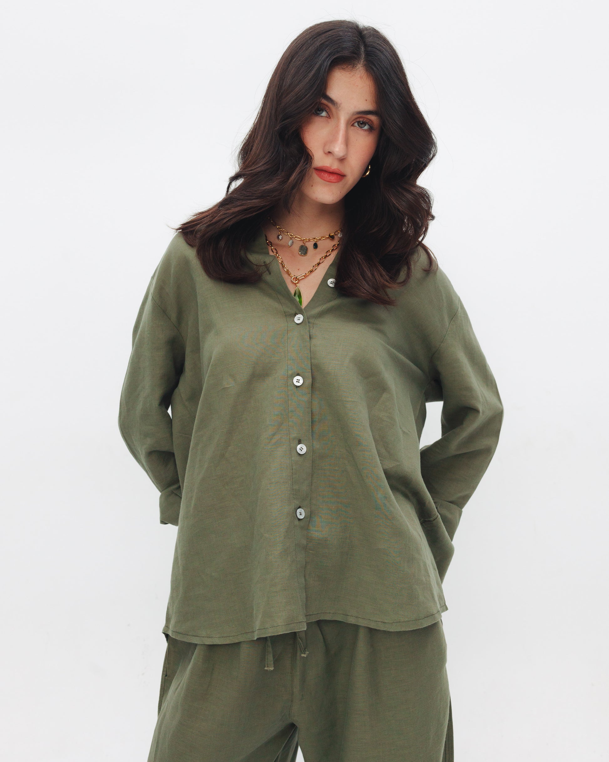 Model wearing women's olive linen shirt from Chocka Egypt