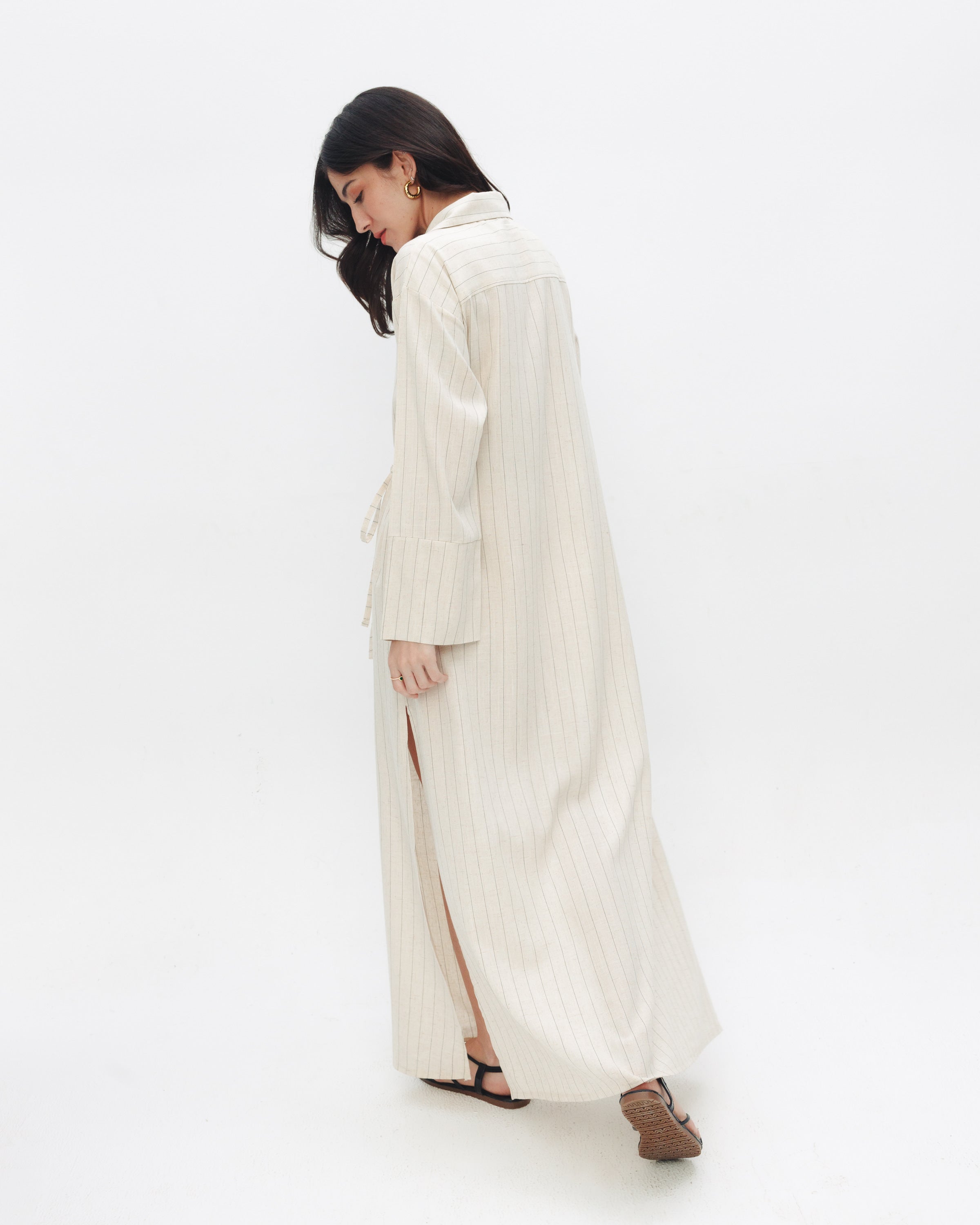 Women's wrap linen dress on model, Chocka Egypt
