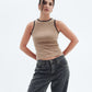 Camel Contrast Trim Crewneck Top Basic