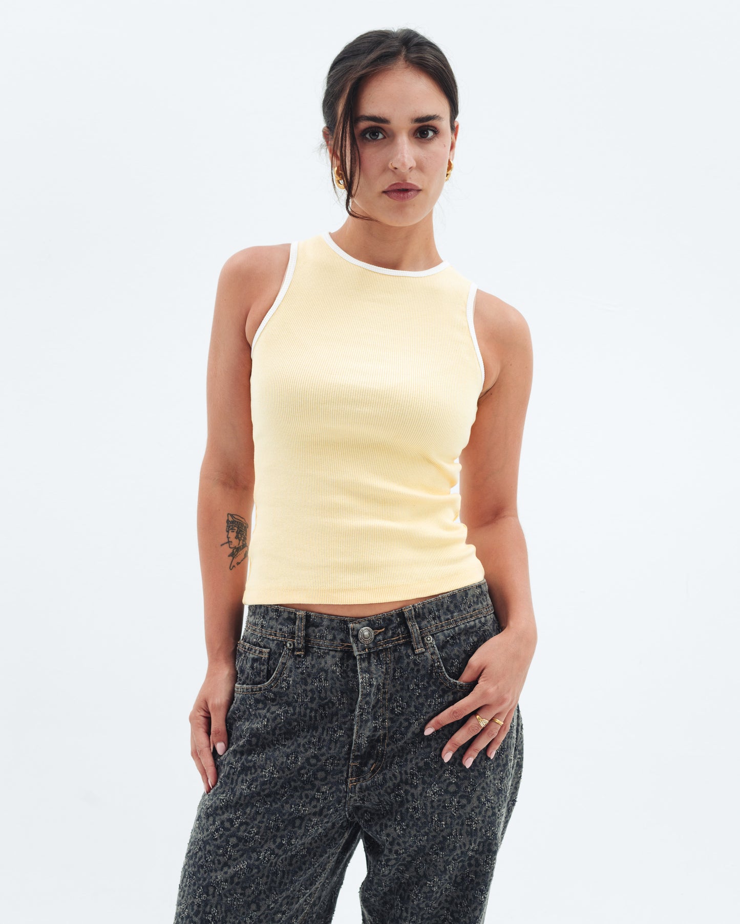 Butter Yellow Contrast Crewneck Top Basic