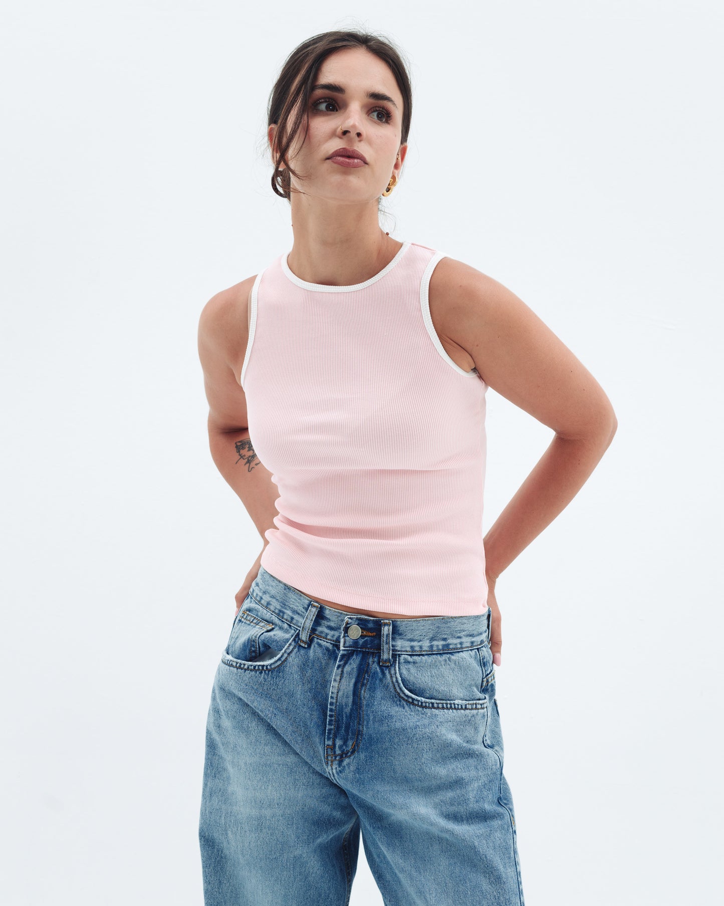 Baby Pink Contrast Crewneck Top Basic