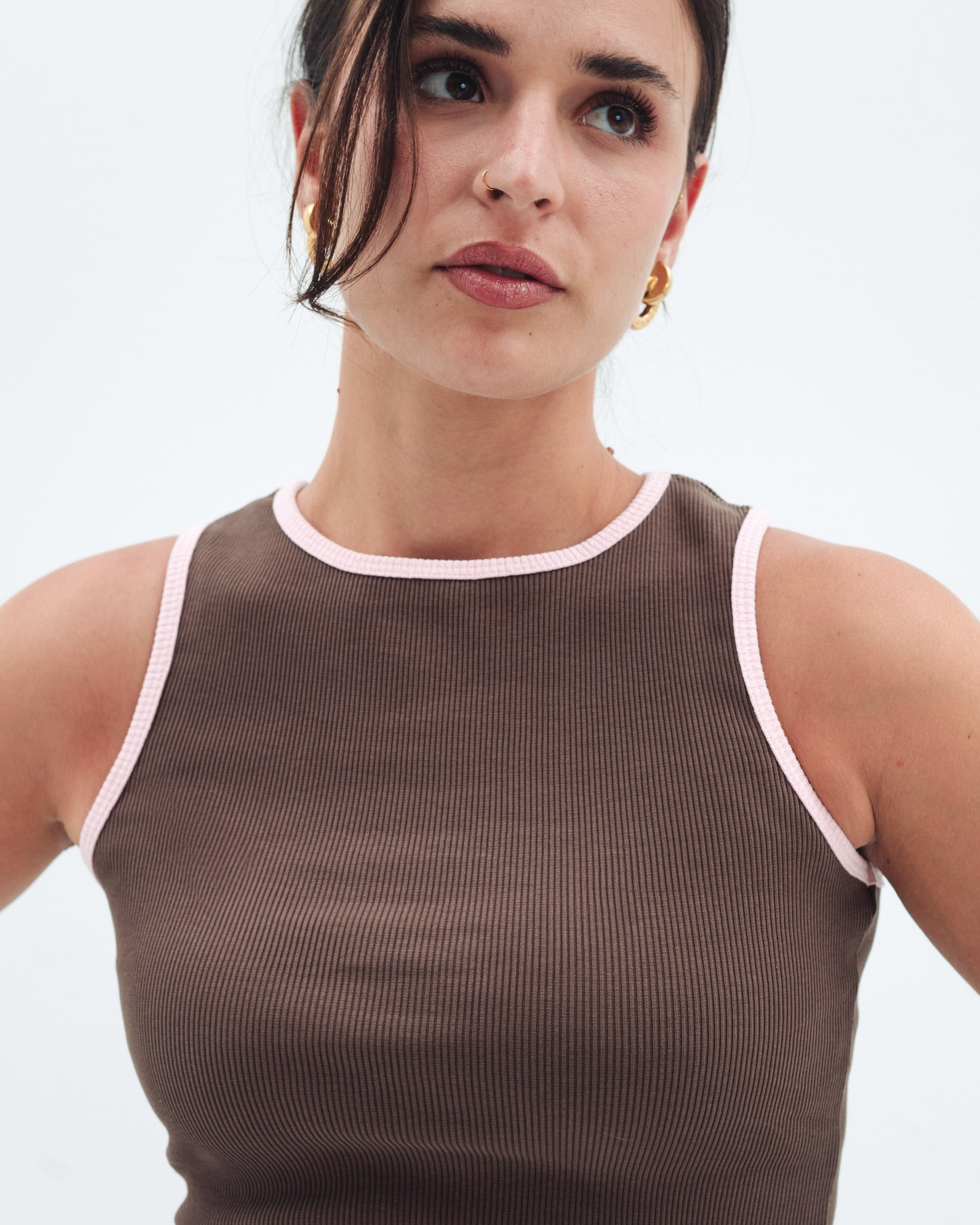 Brown x Pink Contrast Crewneck Top Basic