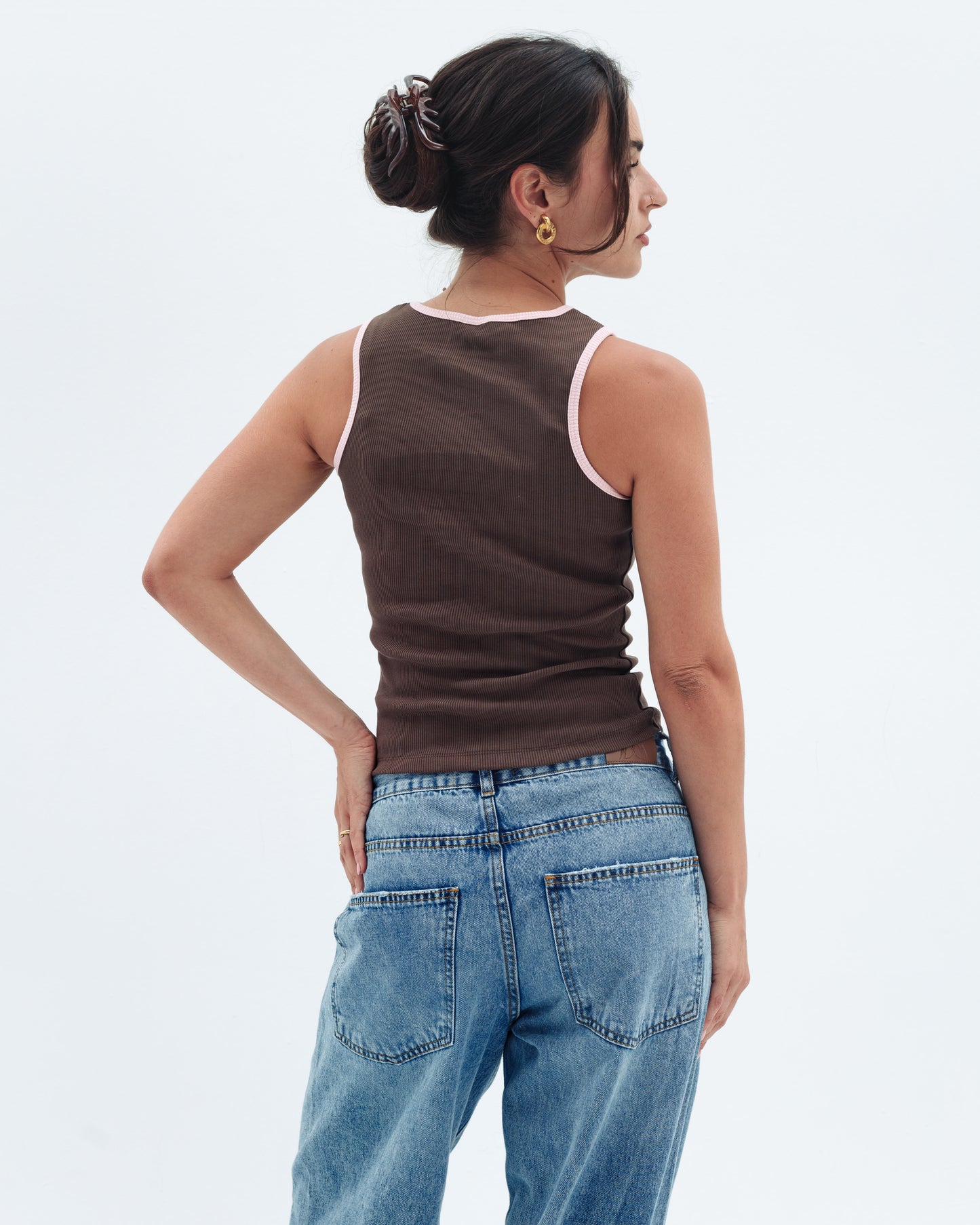 Brown x Pink Contrast Crewneck Top Basic