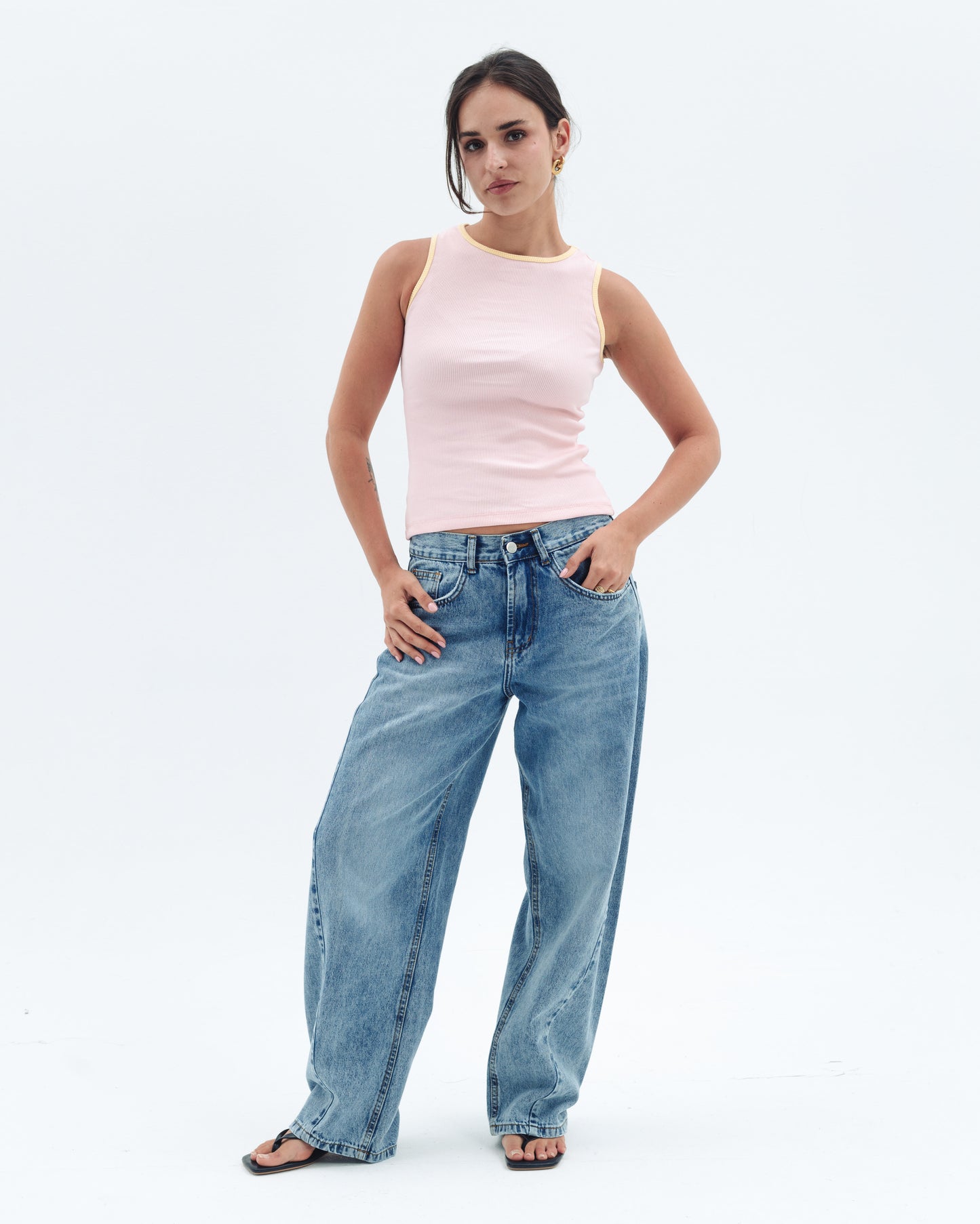 Baby Pink x Yellow Contrast Crewneck Top Basic
