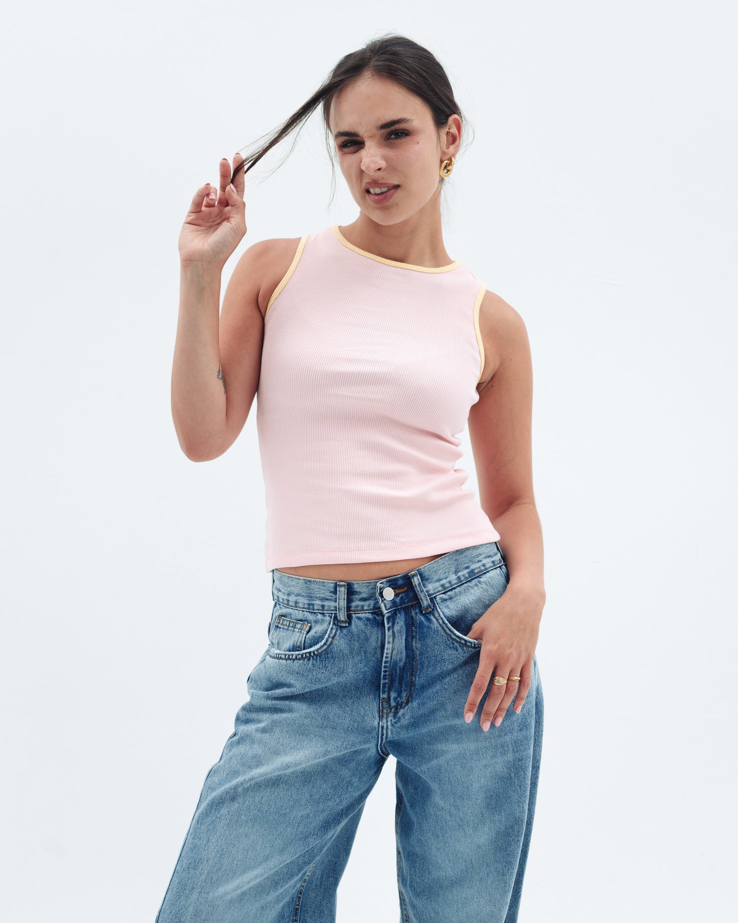 Baby Pink x Yellow Contrast Crewneck Top Basic