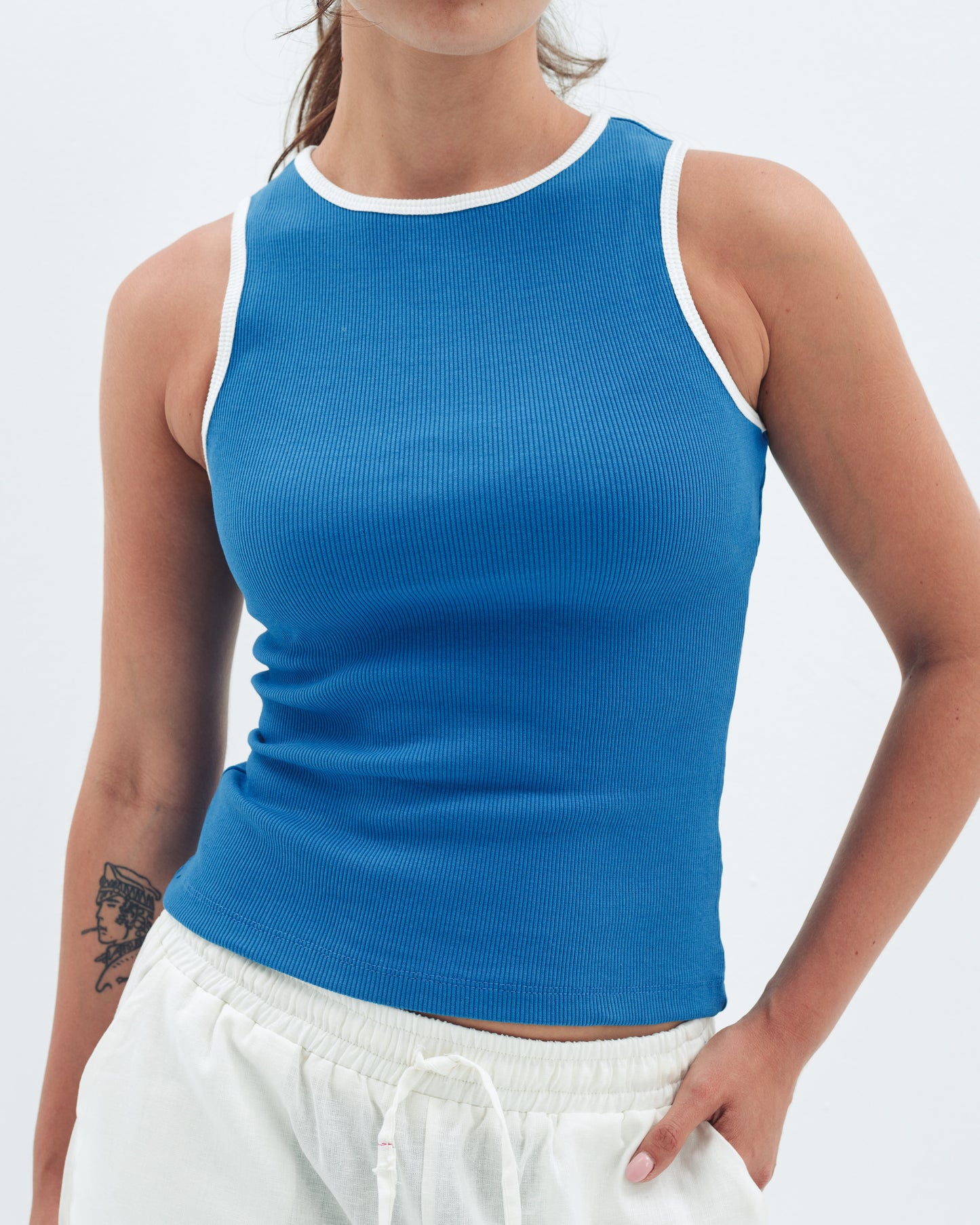 Blue x White Contrast Crewneck Top Basic