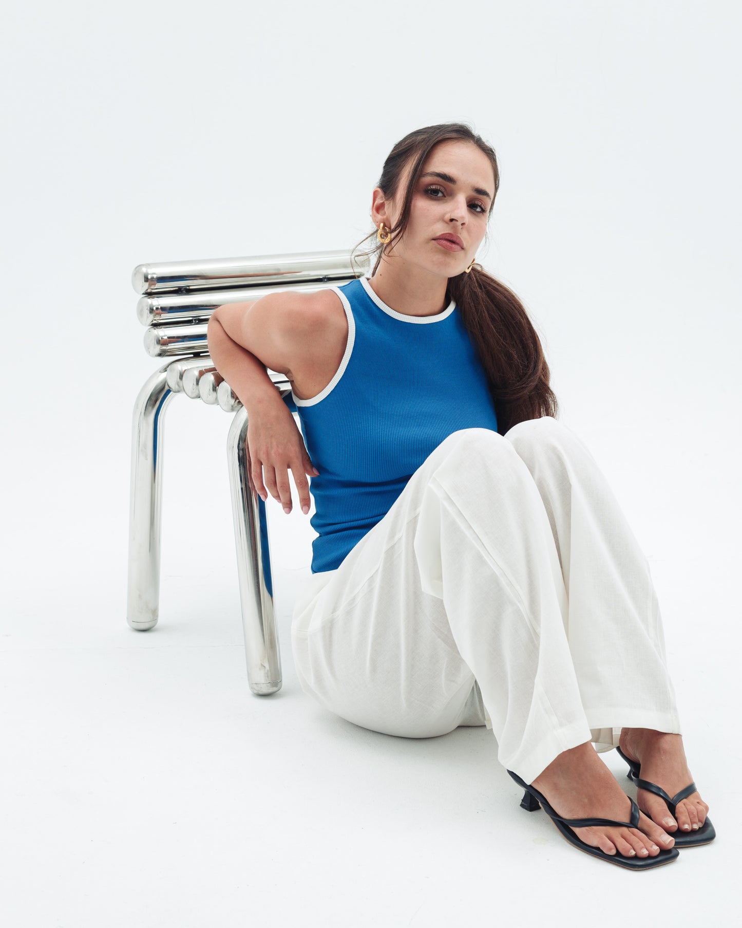 Blue x White Contrast Crewneck Top Basic