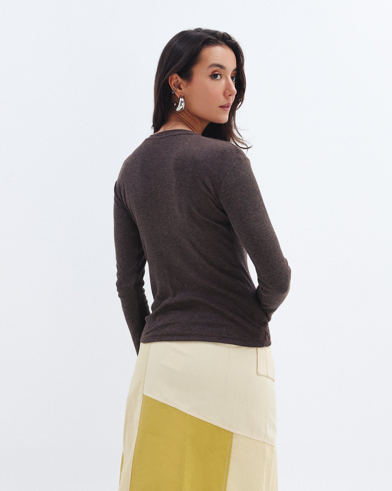 Chocka women's brown ribbed long sleeve top styled outfit
