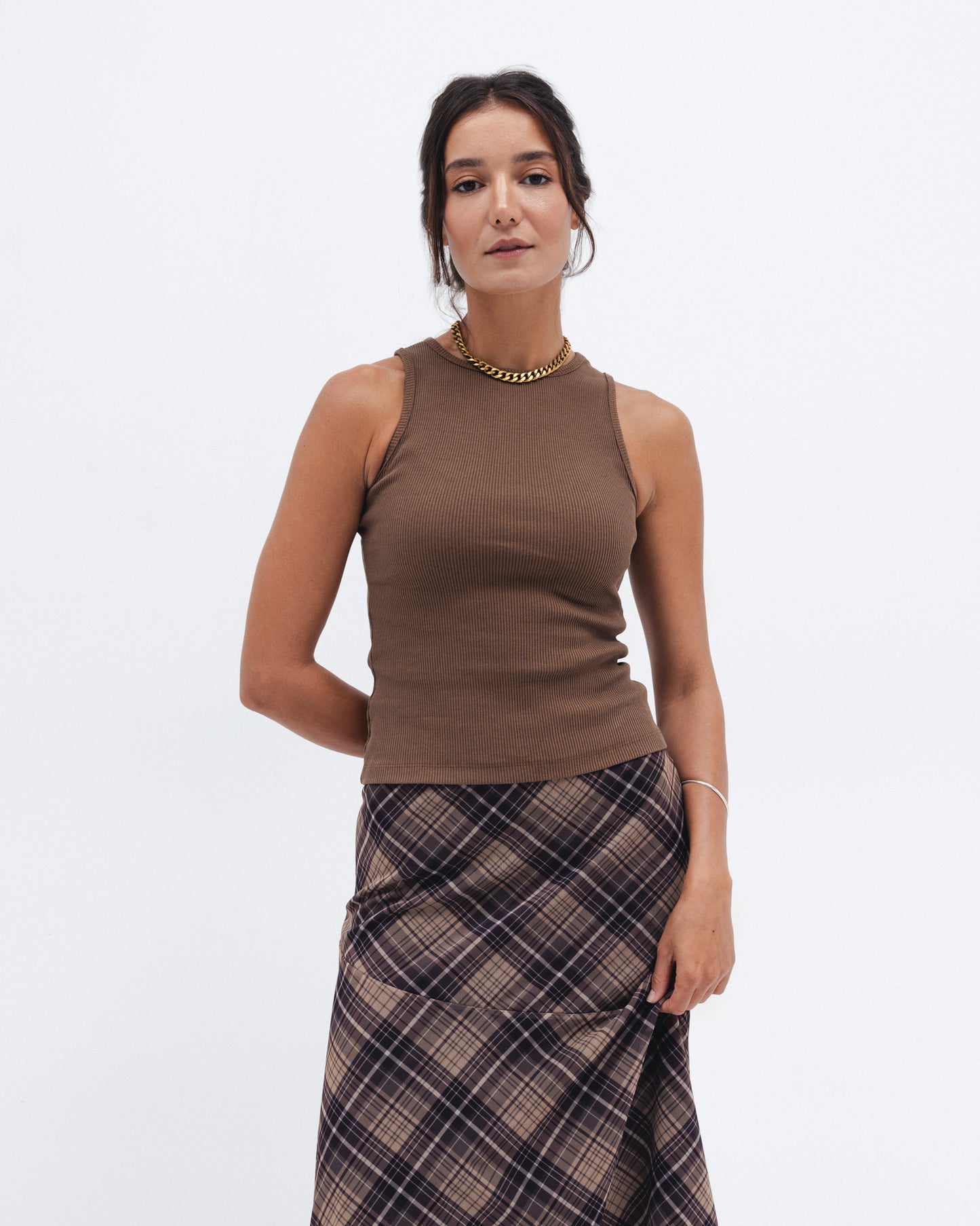 Brown Ribbed Crewneck Top