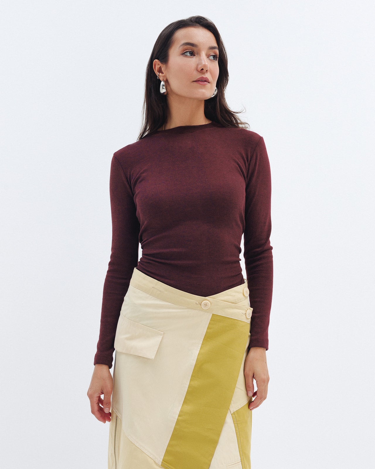 Women's burgundy ribbed long sleeve top on model, Chocka Egypt