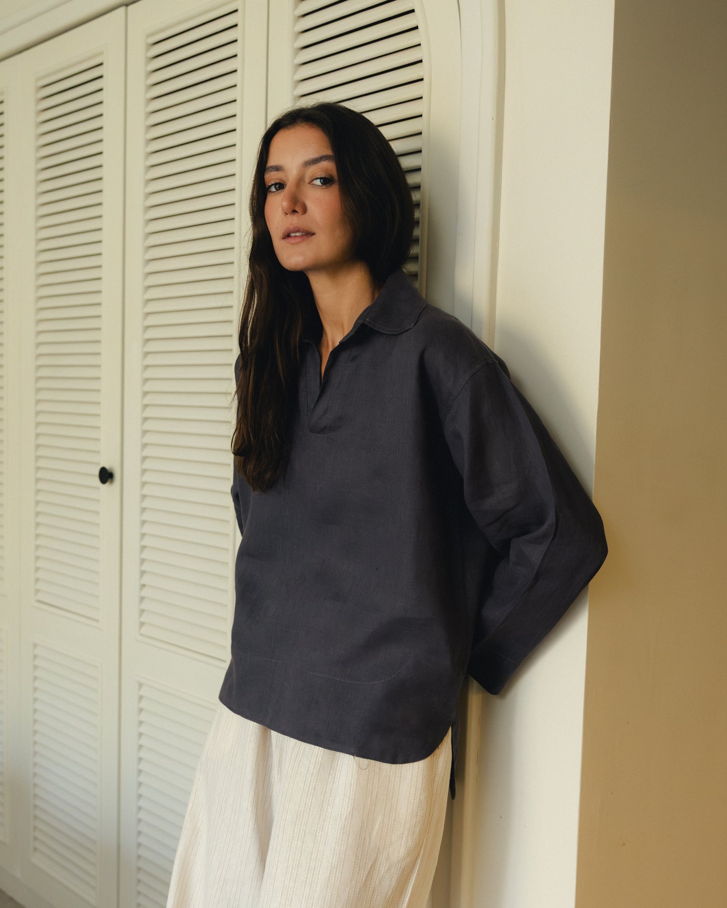 Charcoal Grey Pure Linen Blouse