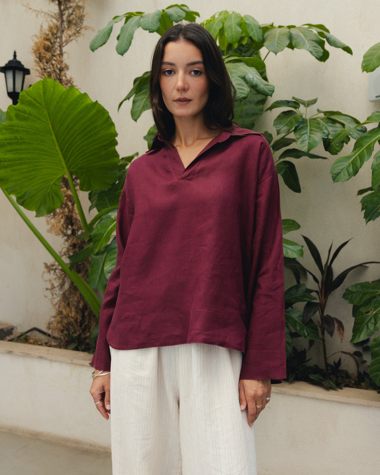 100% Pure Linen Burgundy Blouse