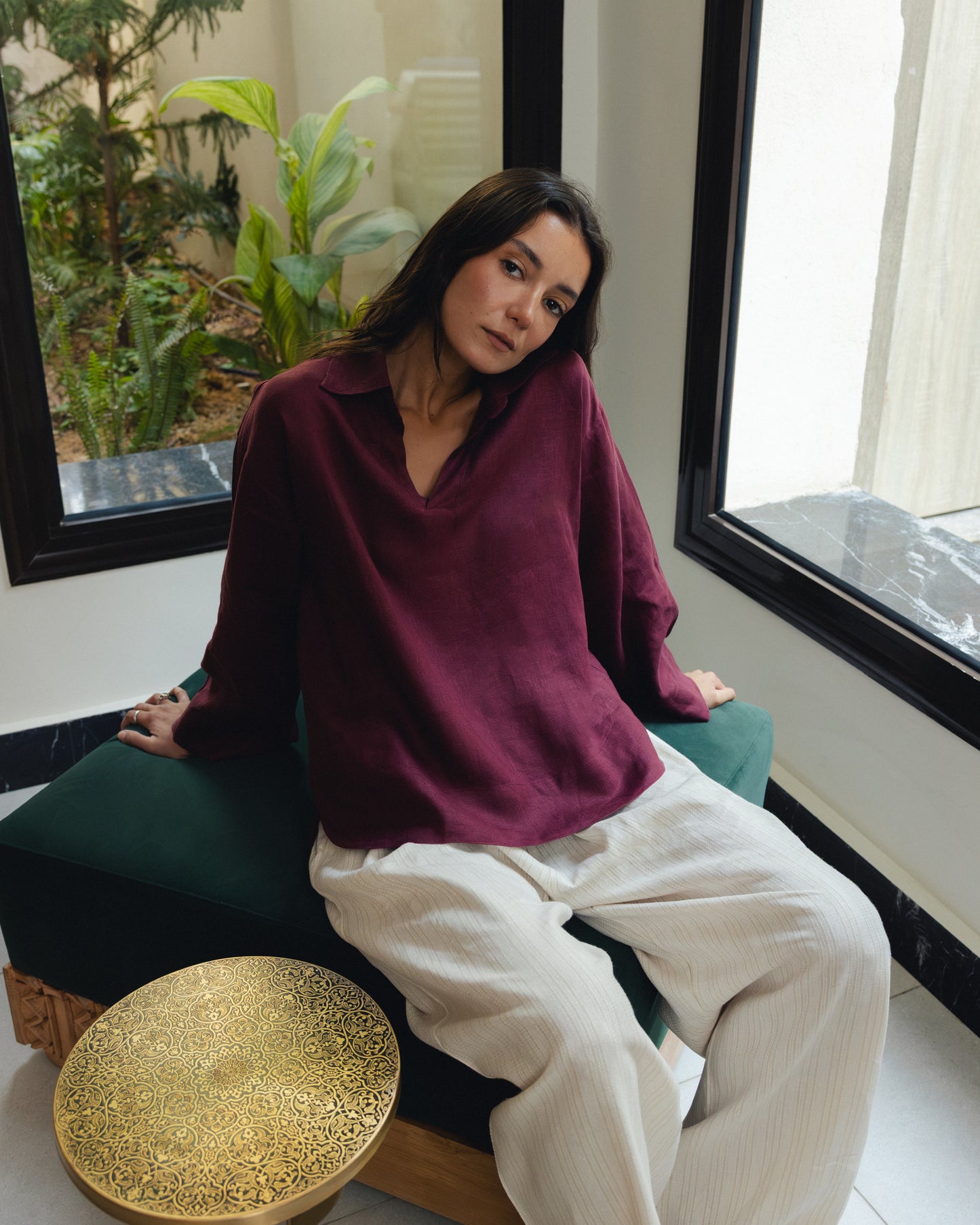 100% Pure Linen Burgundy Blouse
