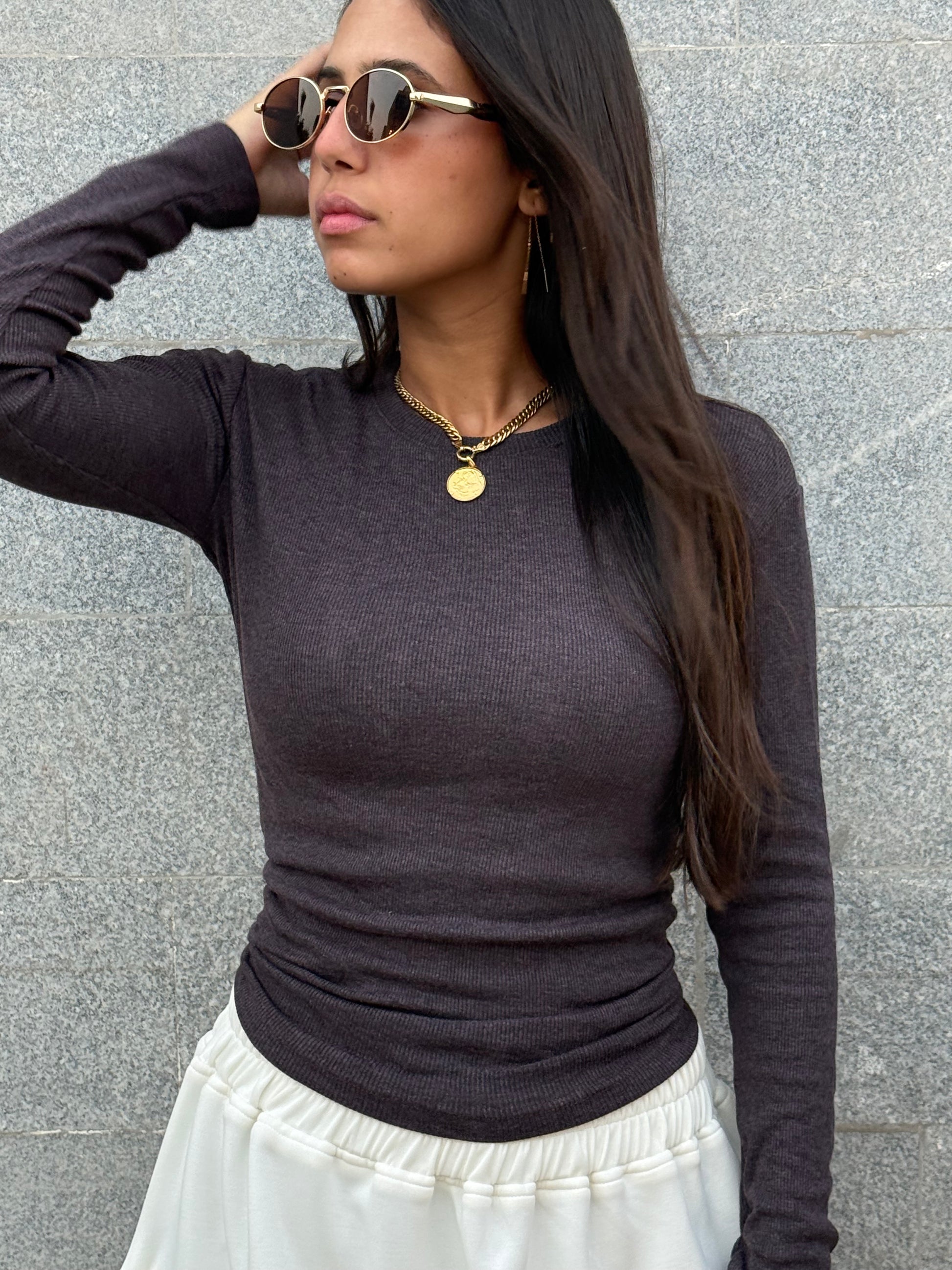 Brown Ribbed Long Sleeve Chocka