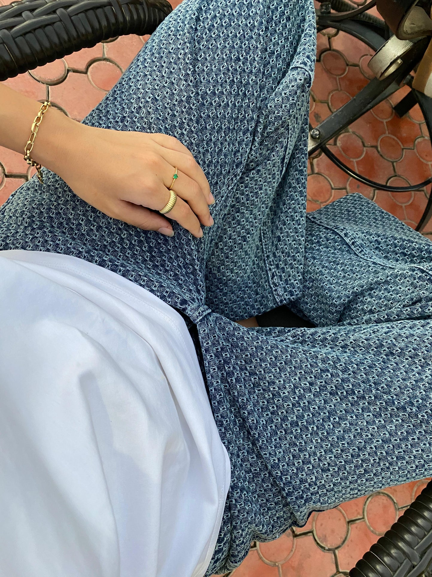 BLUE JACQUARD WIDE LEG JEANS
